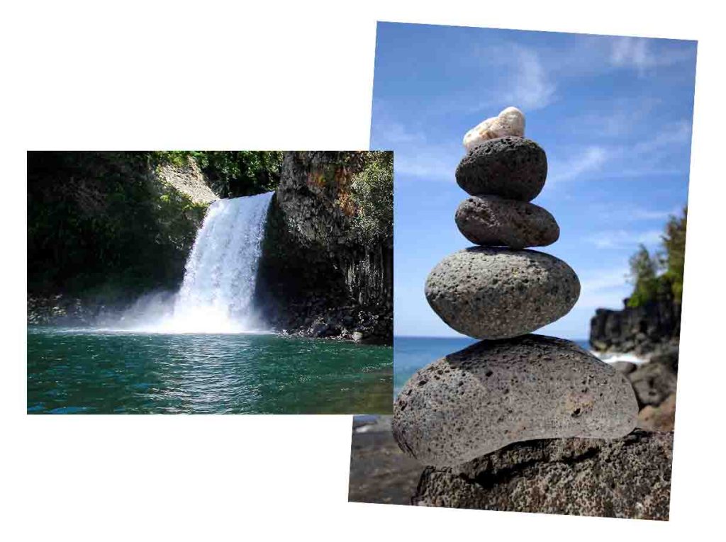 Well-being in the East - Basin of peace and rock stacked at the edge of the water