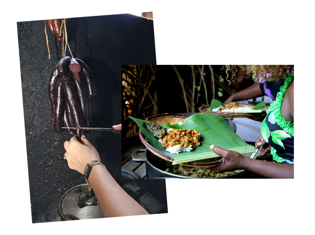 photos of people serving food in a Creole kitchen on Reunion Island