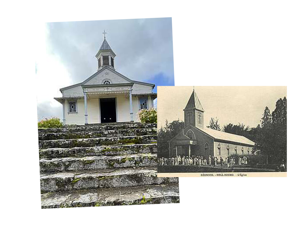 Church of Grand Ilet in Salazie today and archive image