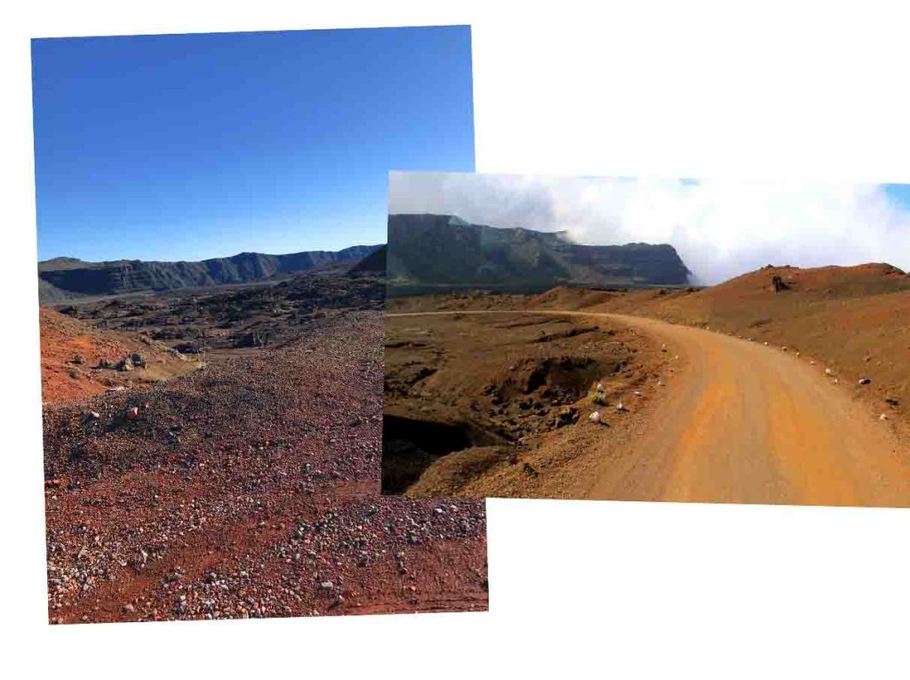 The Piton de la Fournaise volcano route Pas des Sables orange and red route