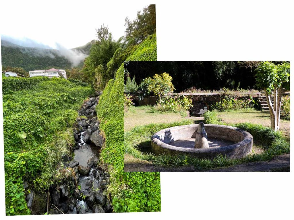 The old thermal baths in Salazie - fountain and river