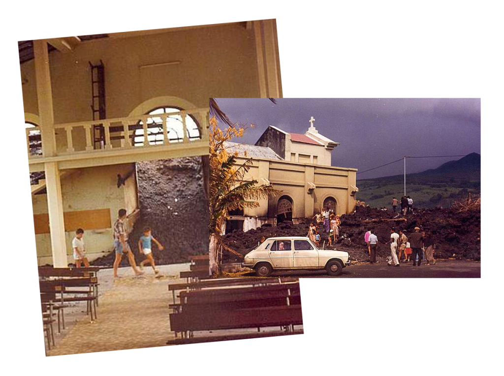 Images d'archives de la coulée de la lave 1977 à Piton Sainte-Rose - Intérieur de notre Dames des laves