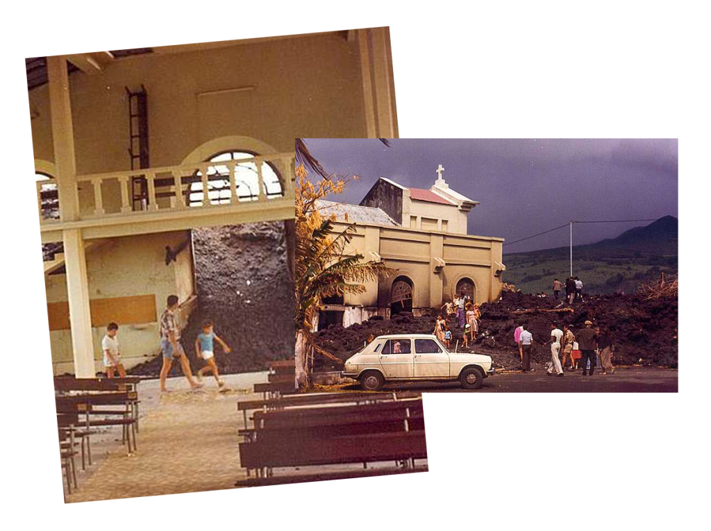 Imágenes de archivo del flujo de lava de 1977 en Piton Sainte-Rose - Interior de Notre Dame des Lava