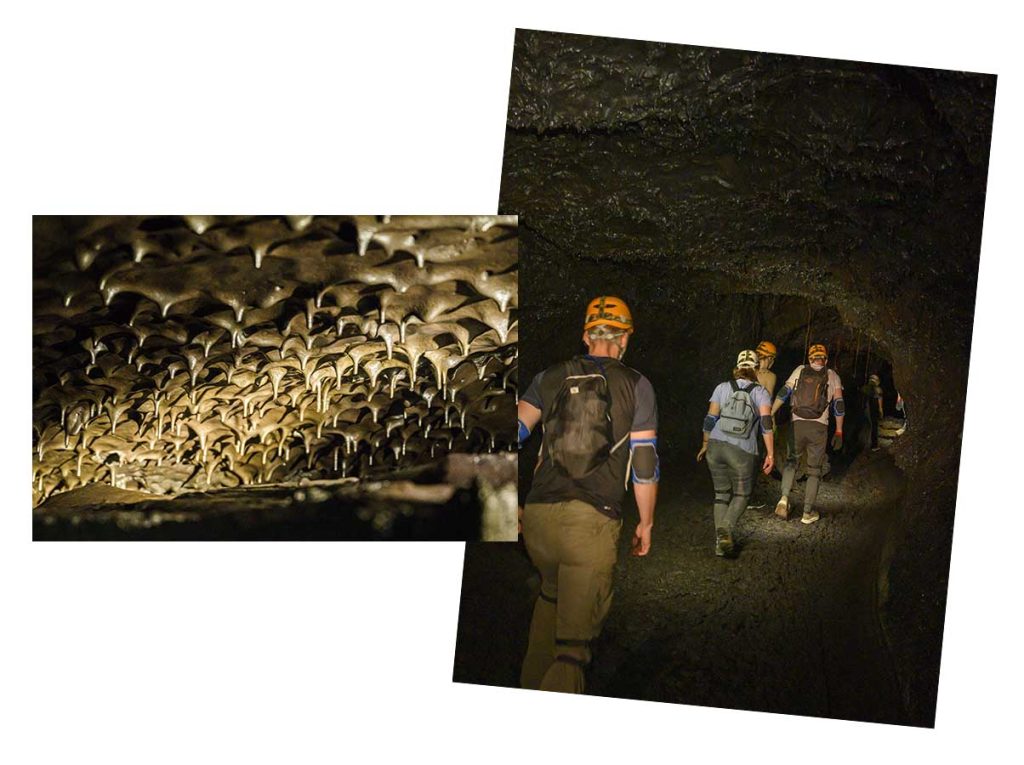 Group of hikers heading towards the lava tunnels in Sainte-Rose