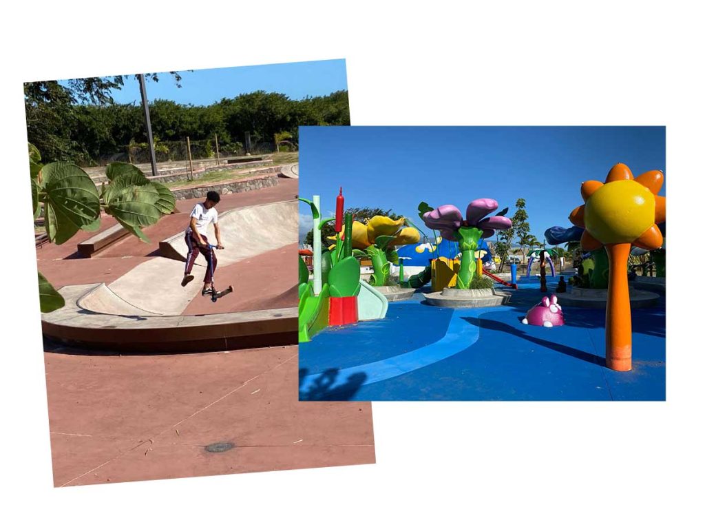 Personne en trotinette dans le skate parc du parc du colosse et jeux d'eau