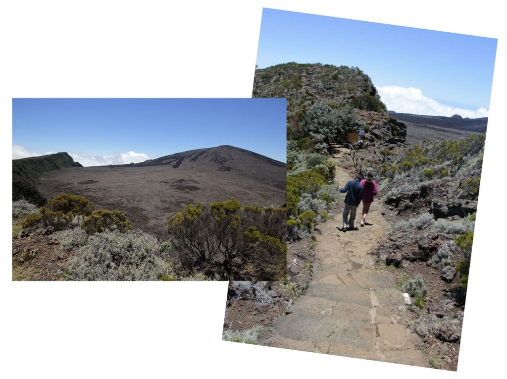 Panoramic view of the Piton de la Fournaise and hikers on the Pas de Bellecombe Jacob trail