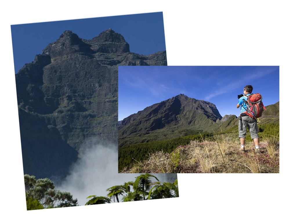 two images of the Piton des Neiges with a hiker from behind