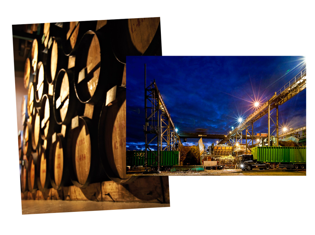 Usine de bois rouge à Saint-Andrée éclairés de nuit avec des camions de canne à sucre Et une image de chais de la Distillerie de Savana