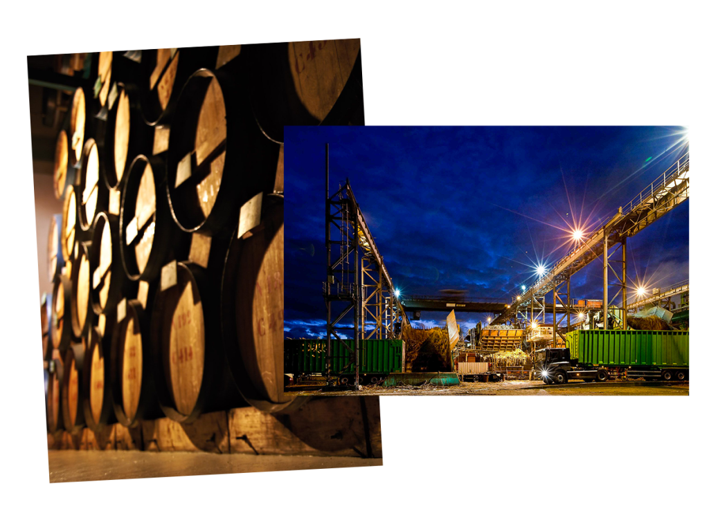 Red wood factory in Saint-Andrée lit up at night with sugar cane trucks And an image of the cellars of the Savana Distillery