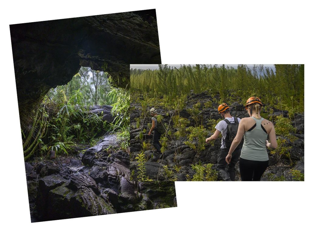 Grupo de excursionistas que se dirigen hacia los túneles de lava en Sainte-Rose