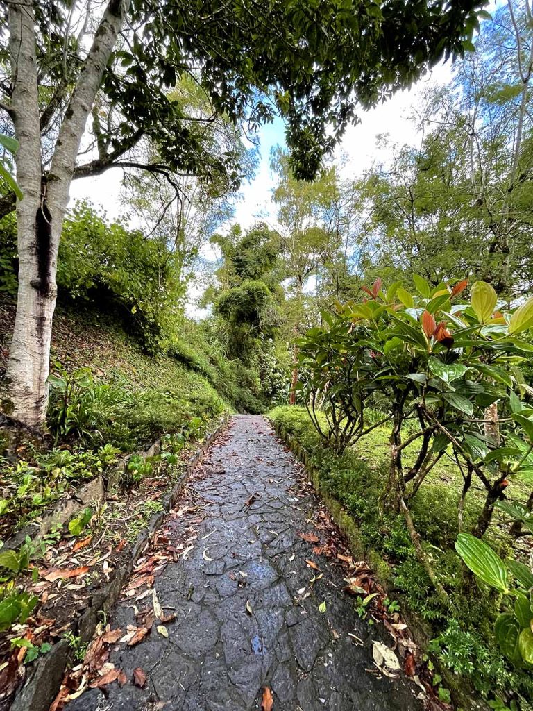 Die alten Thermalbäder in Salazie - Gasse umgeben von Vegetation