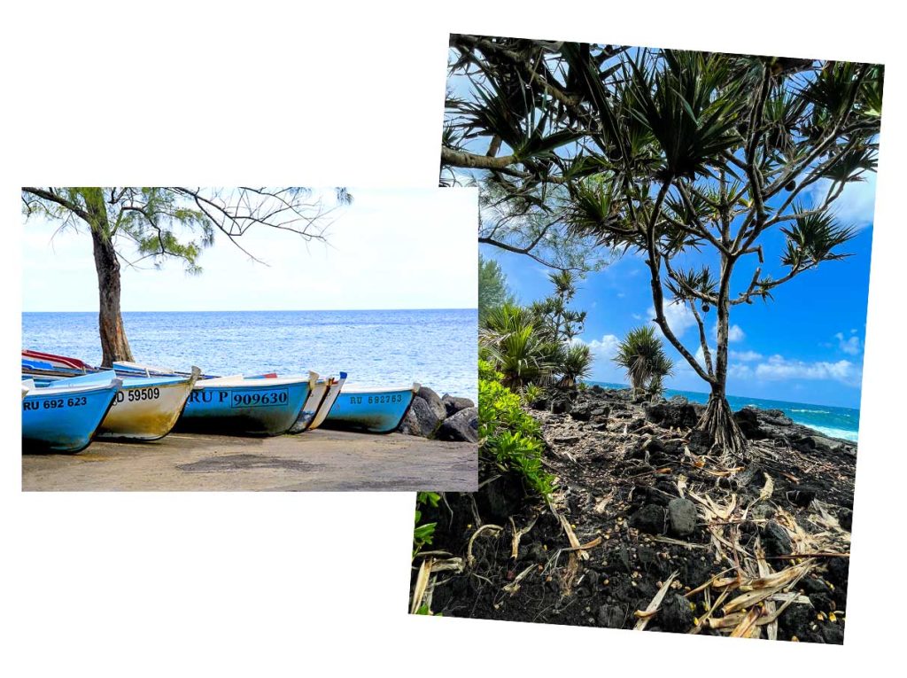 Anse des cascades en Sainte-Rose pequeños barcos de pesca y camino costero con vacoas