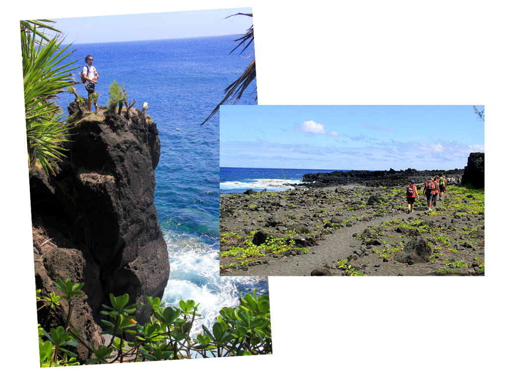 Atmen Sie den Osten von Réunion ein. Küstenpfad oder Fischerpfad - Mann mit Blick auf das Meer an der Küste und Wanderer am Meer