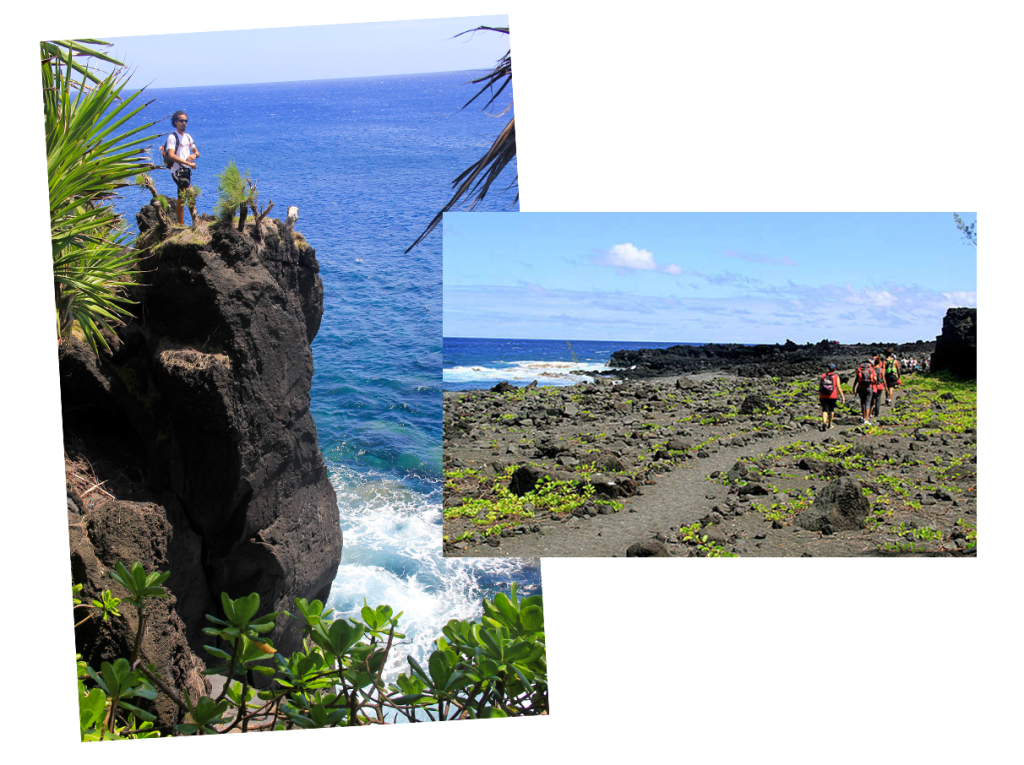 Respirez dans l'Est de la Réunion. Sentier littoral ou sentier des pêcheurs - Homme face à la mer debout sur la côte et des randonneurs sur le bord de mer