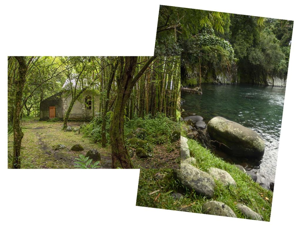 Insel Bethlehem - Becken und Kirche in der Vegetation von Saint-Benoit