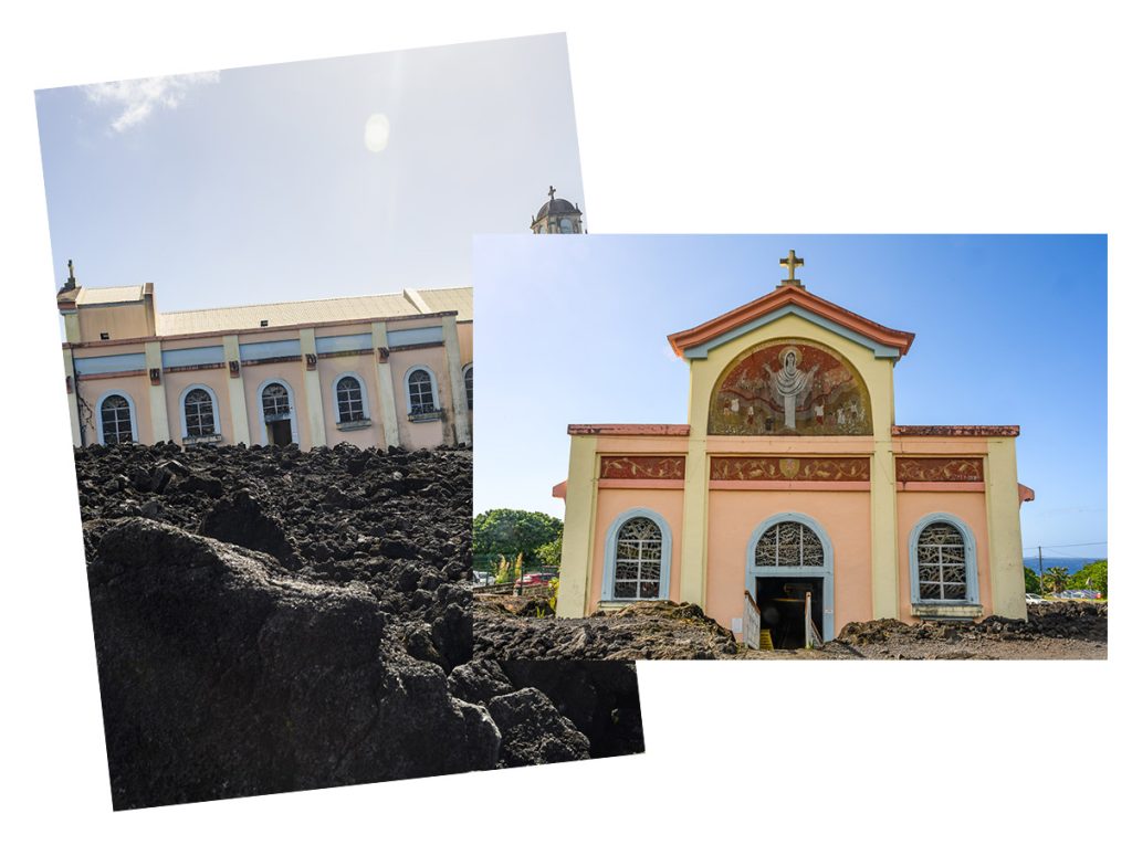 The Church of Notre Dame des Laves facade and side with the old lava flow