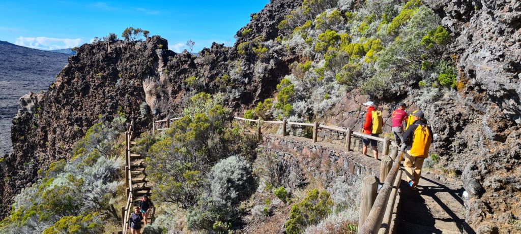 Hikers descending into the fouqué enclosure