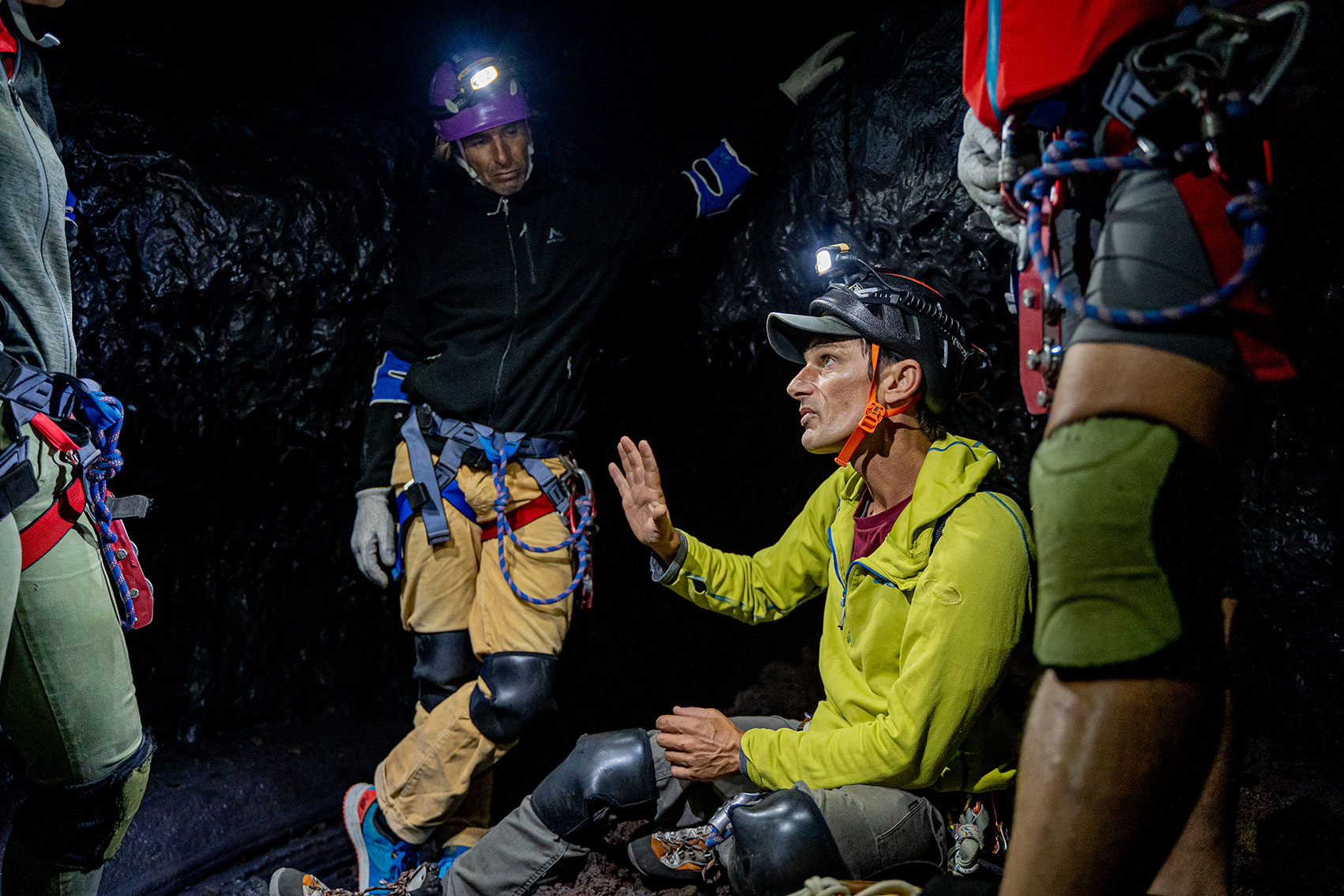 Group in a lava tunnel with Julien Dez