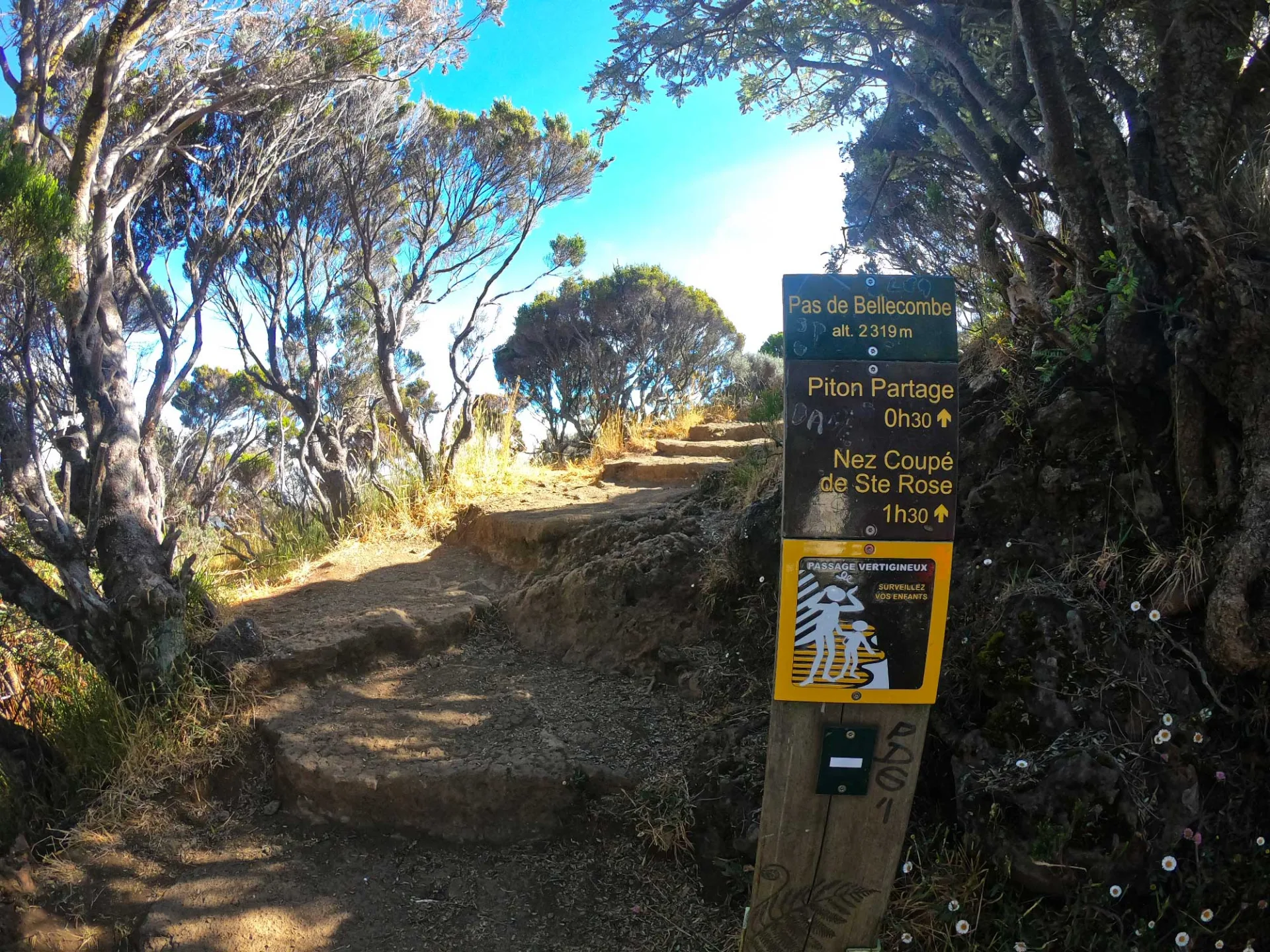Sentier de randonnée avec un panneau d'indication de Piton partage et Nez coupé de Sainte-Rose