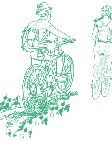 Drawing of a couple cycling in eastern Reunion, March 2024 holidays