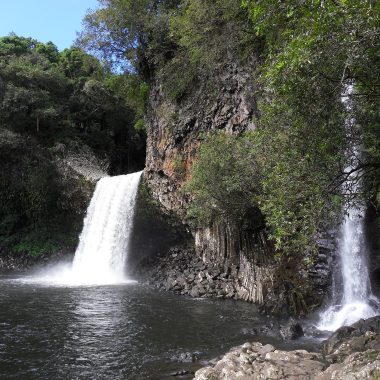 View of the waterfall at Bassin la Paix in Bras-Panon