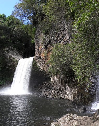 View of the waterfall at Bassin la Paix in Bras-Panon
