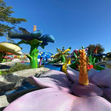 Jeux pour enfants en forme de fleurs au parc du colosse à Saint-André