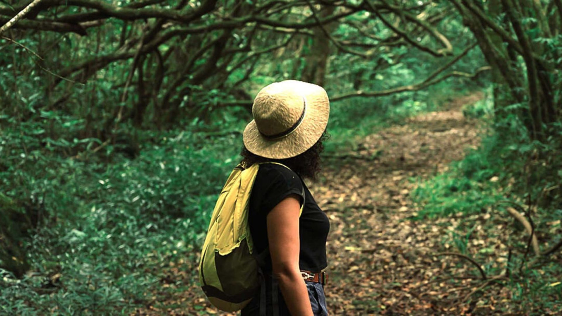 Mujer con sombrero caminando por el bosque - Bienestar en el este de Reunión