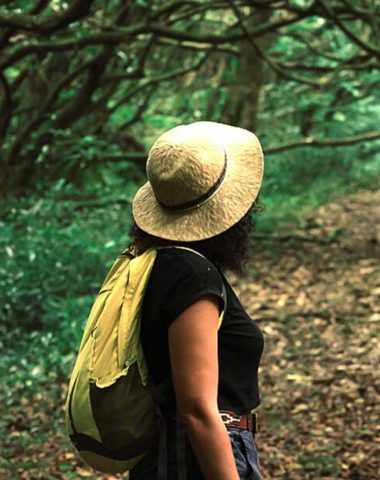 Mujer con sombrero caminando por el bosque - Bienestar en el este de Reunión