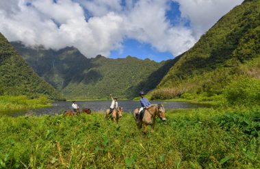 Tres jinetes en Grand-Étang en Saint-Benoît con la Ferme du Grand Étang - Top 10 razones para montar a caballo en el Este