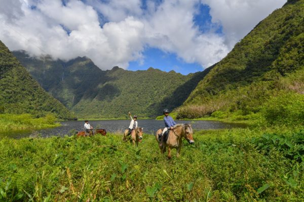 Trois cavaliers à Grand-Étang à Saint-Benoît avec la Ferme du Grand Étang - Top 10 des raisons de faire du cheval dans l'Est