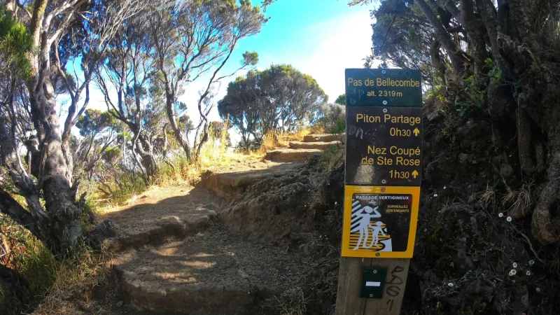 Sentier de randonnée avec un panneau d'indication de Piton partage et Nez coupé de Sainte-Rose